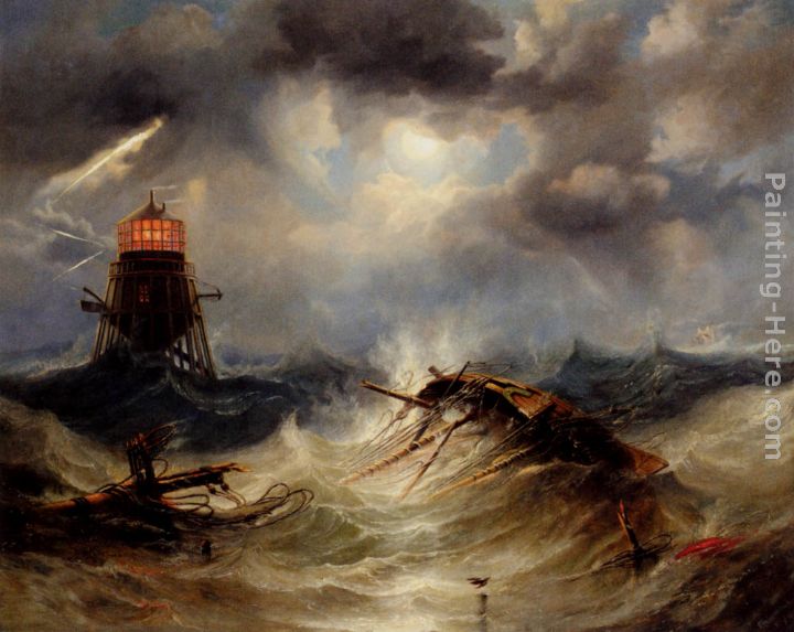 The Irwin Lighthouse, Storm Raging painting - James Wilson Carmichael The Irwin Lighthouse, Storm Raging art painting